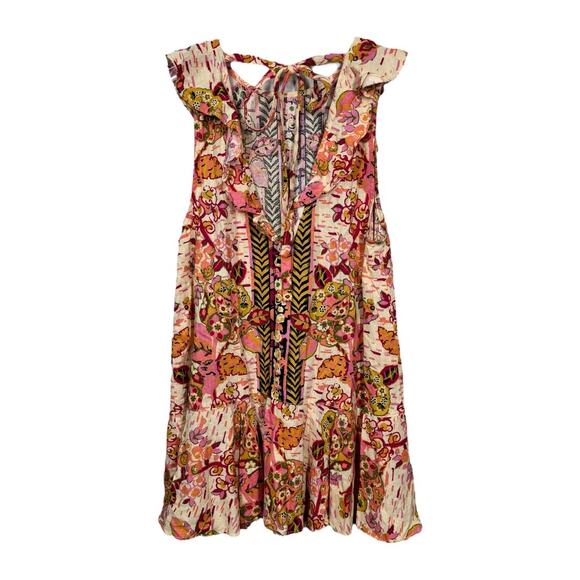 Free People Tulum Printed Linen Tunic Top Small Pink Sleeveless Ruffle Boho - Picture 4 of 8